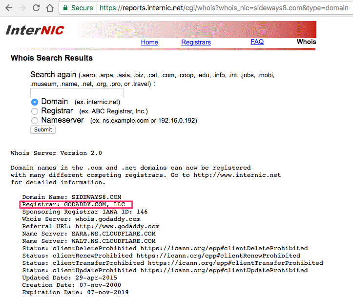 InterNIC WhoIS results screenshot