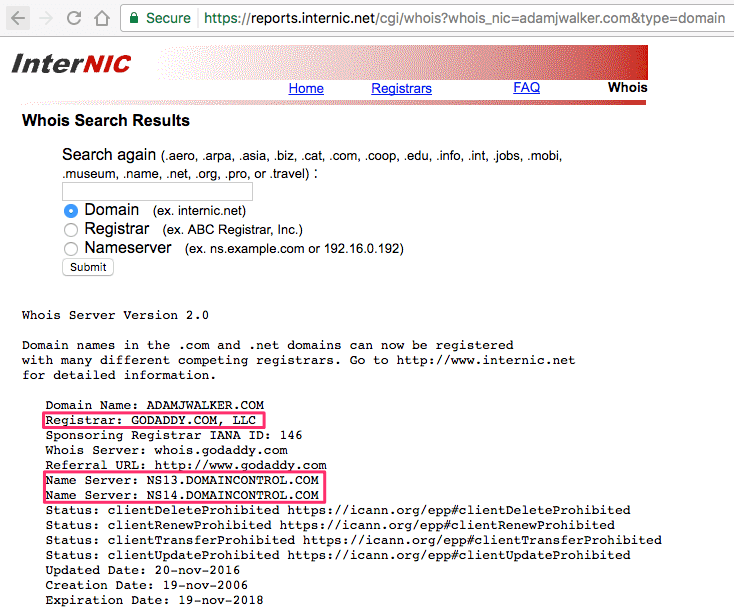 InterNIC WhoIS Registrar records