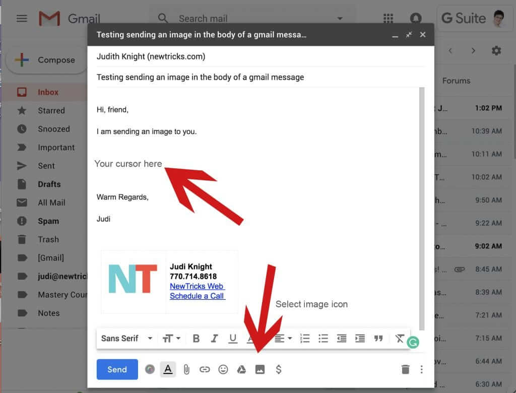 how to insert the image in gmail by using your cursor and insert image button