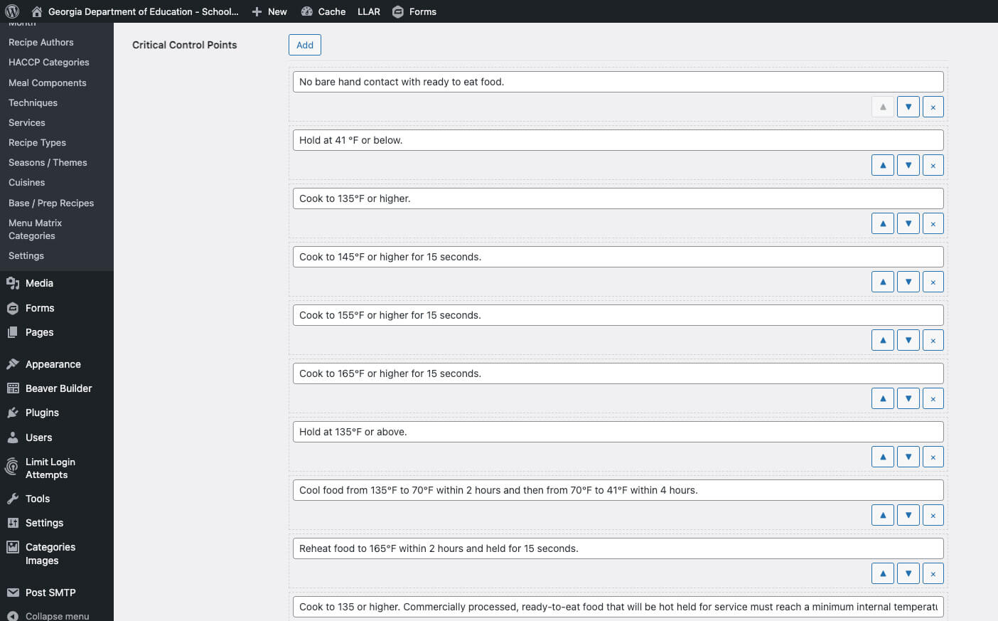 Recipe Creator Critical Control Points Screenshot