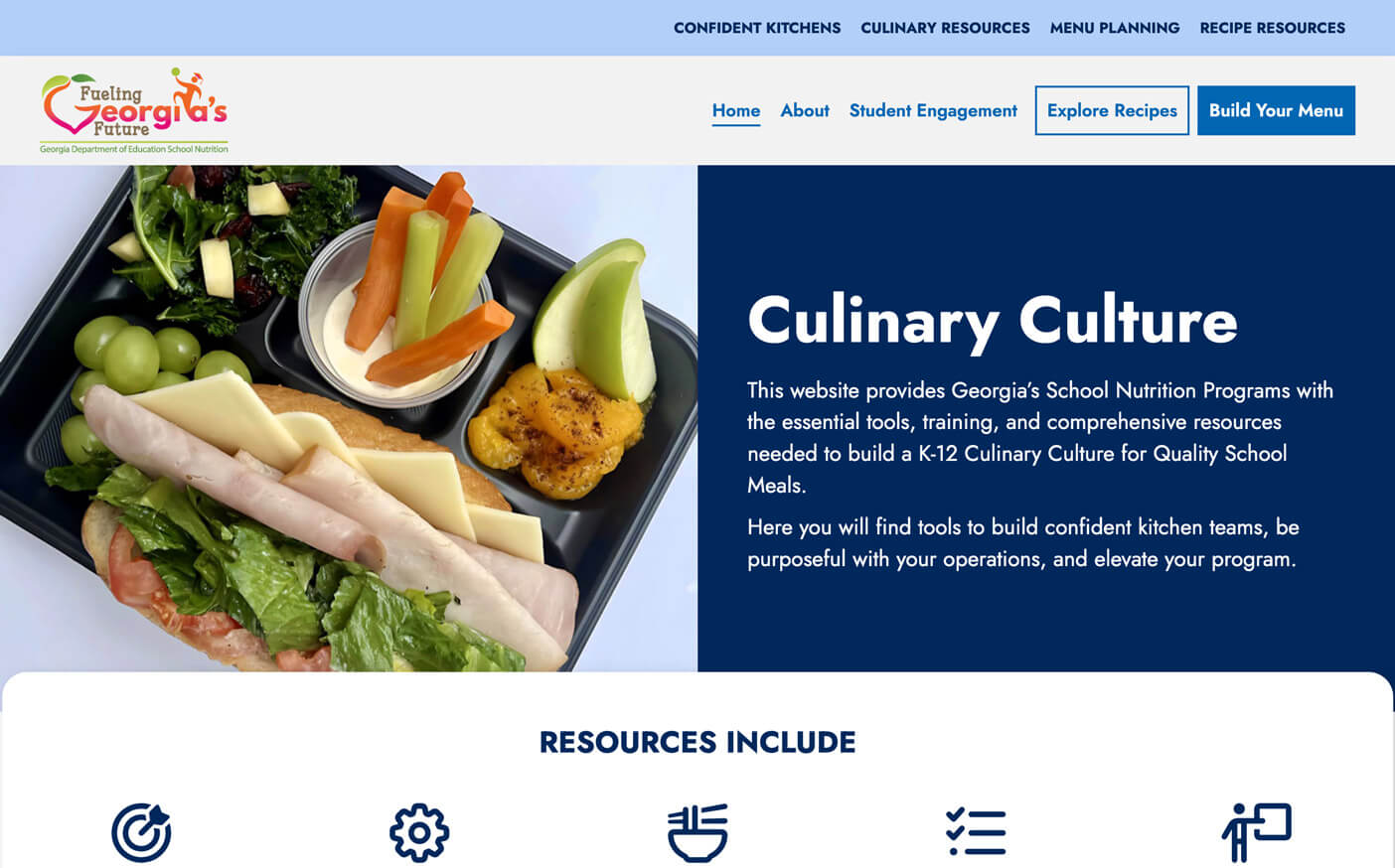 Website design showcasing Georgia Department of Education's school meal program with an image of a healthy lunch tray.