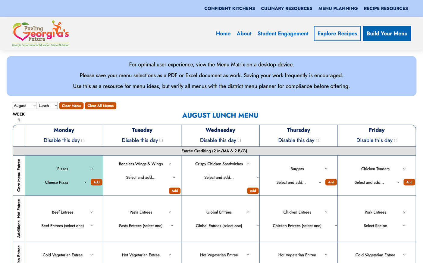 Culinary Website Screenshot of August Lunch Menu