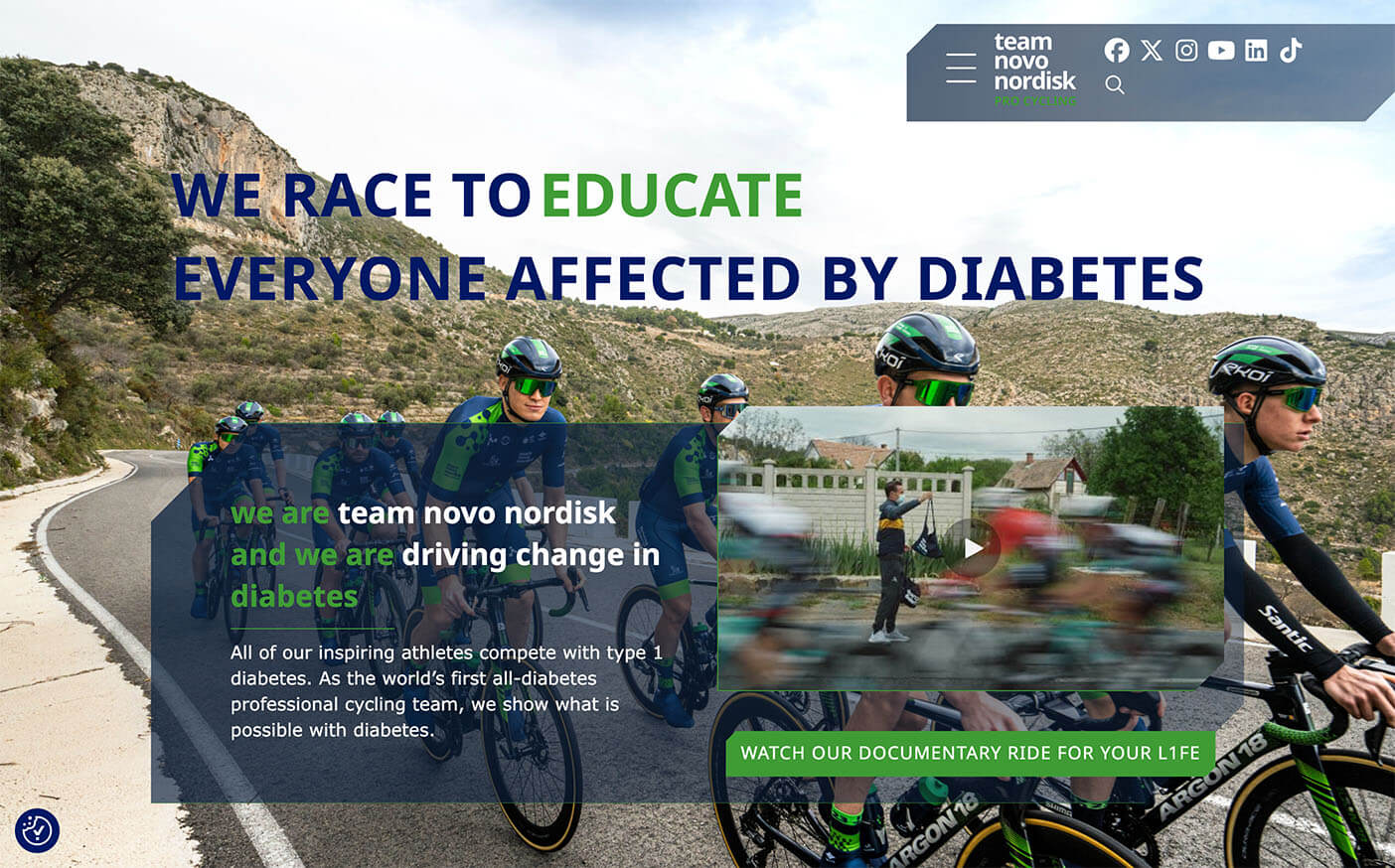 Team Novo Nordisk website redesign featuring a professional cycling team advocating for type 1 diabetes education with a responsive layout and custom content management.