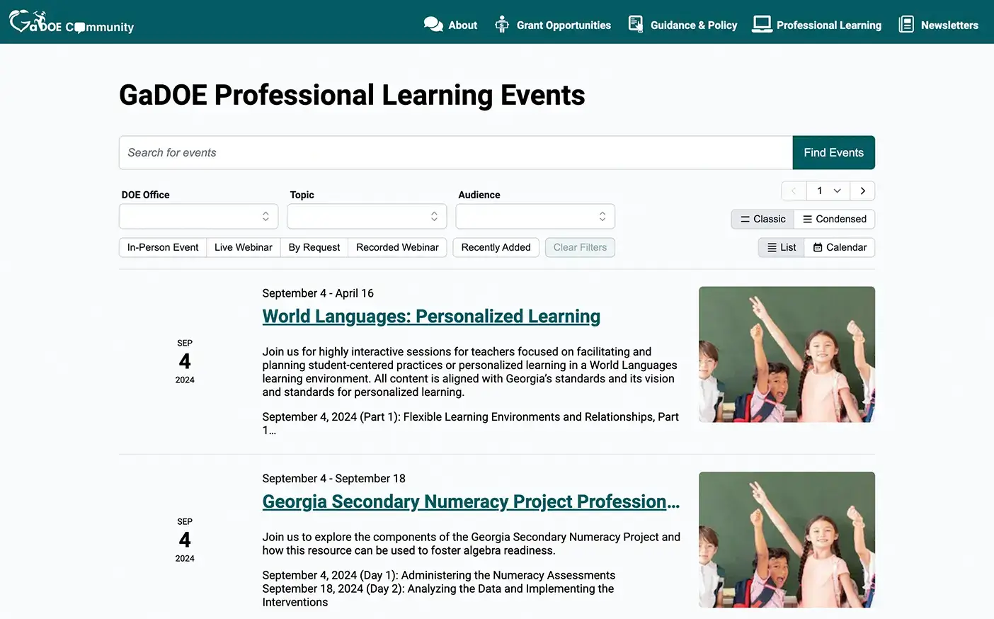 GaDOE Web Design Screenshot of Learning Events page