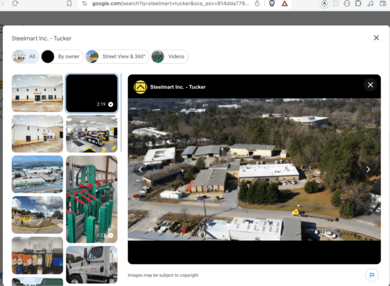 Aerial and interior views of SteelMart Inc. Tucker, highlighting Google Business Page optimization efforts for improved local visibility.