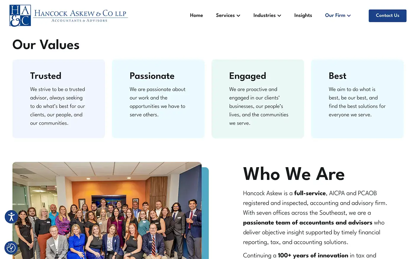 Hancock Web design example of Values section