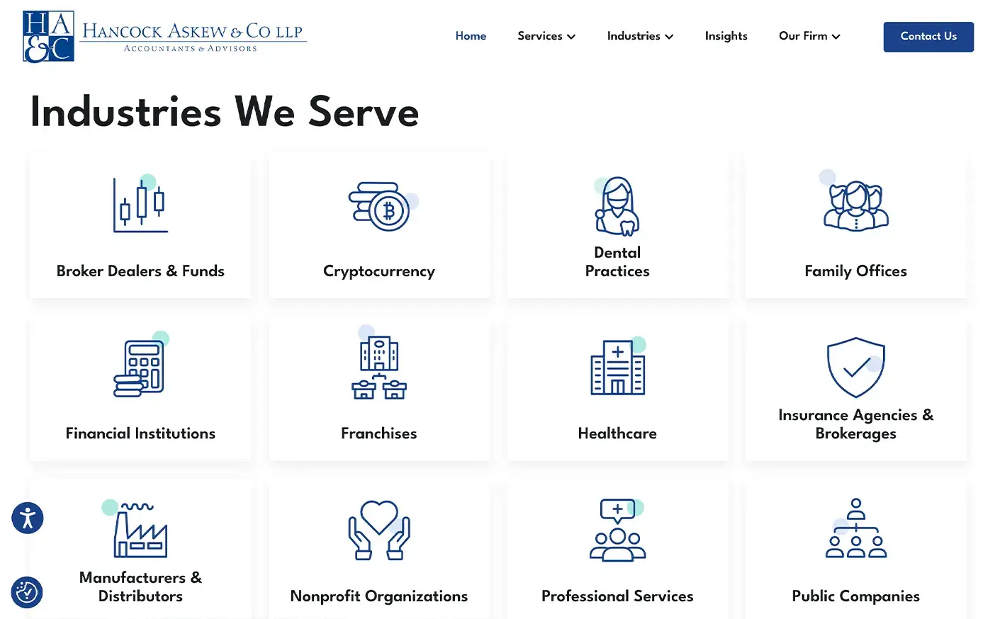 Hancock Web design example of industries section