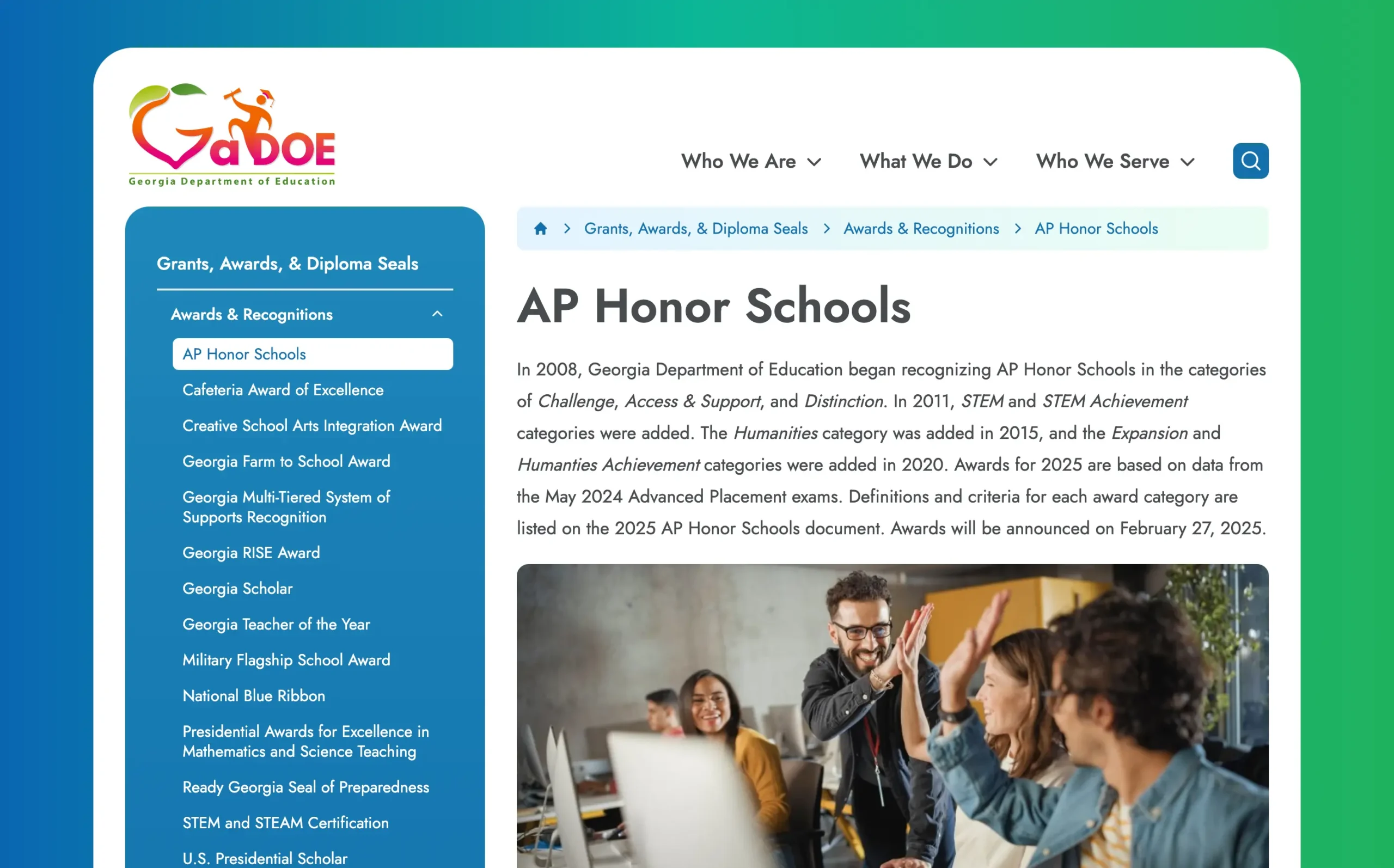 Georgia Department of Education Website Web Design Screenshot of AP Honor Schools page