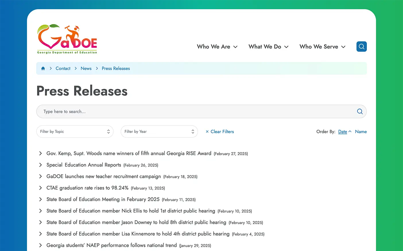 Georgia Department of Education Press Releases Website Web Design Screenshot