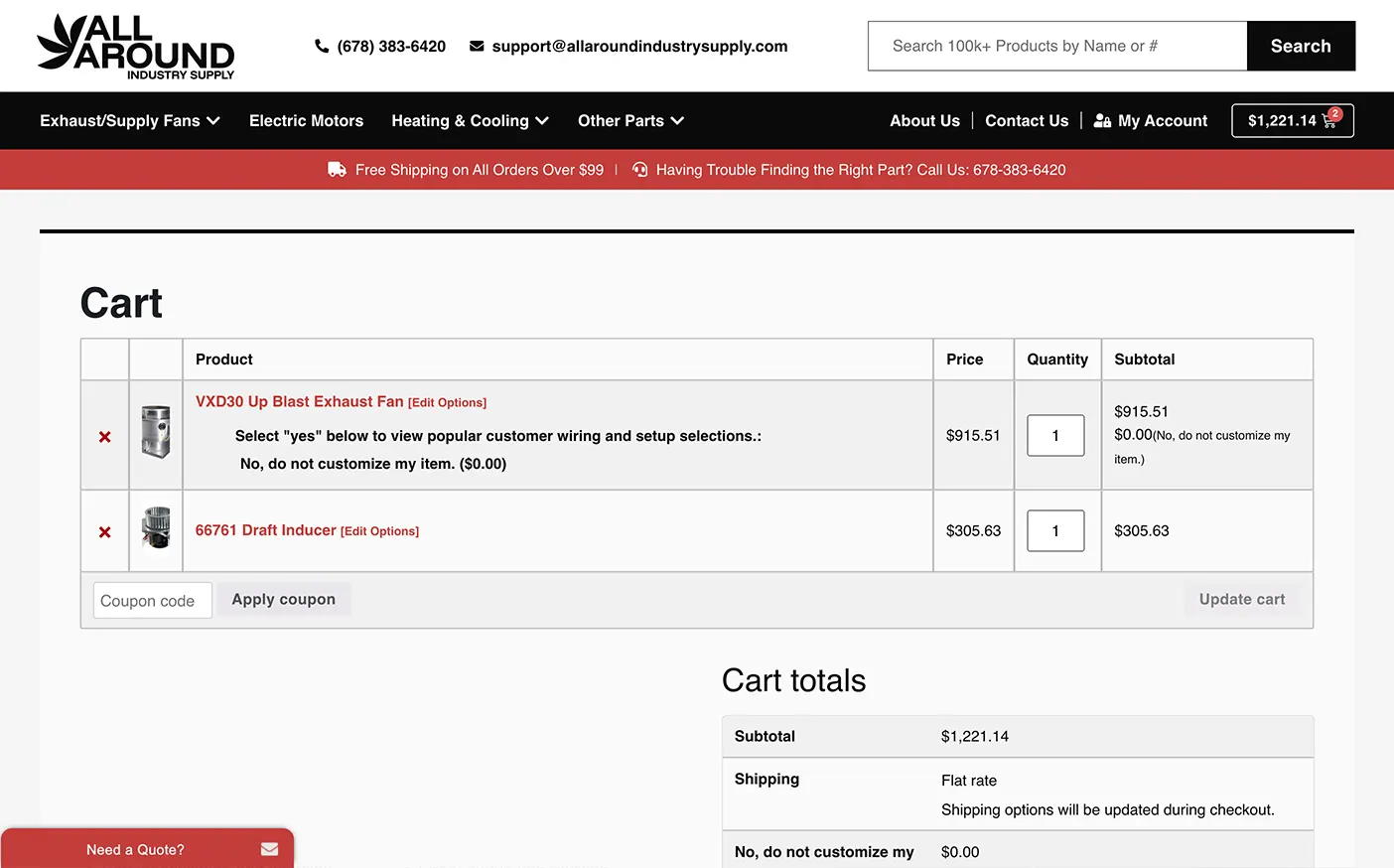 All Around Industry Supply Cart Page Screenshot