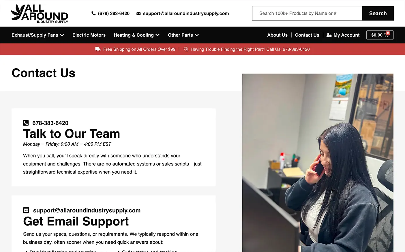 All Around Industry Supply Contact Us Page Screenshot