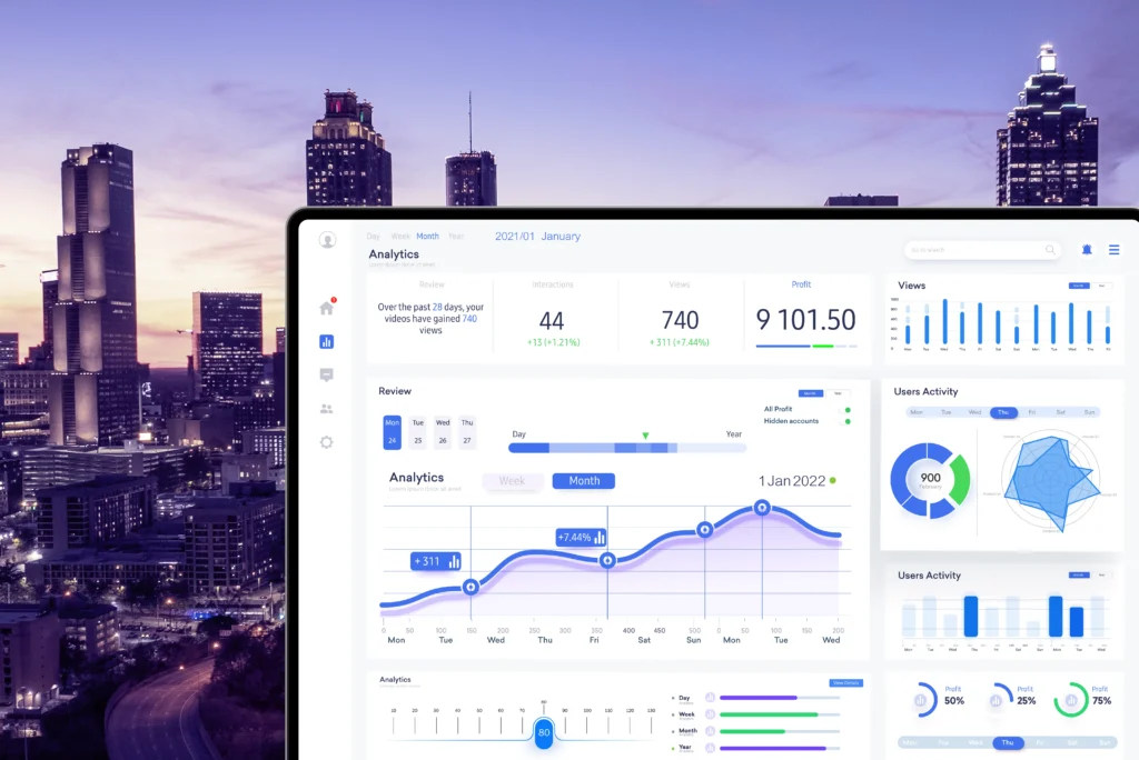 Choosing the Right SEO Firm in Atlanta Feature Image. A laptop showing website analytics on top of the Atlanta skyline