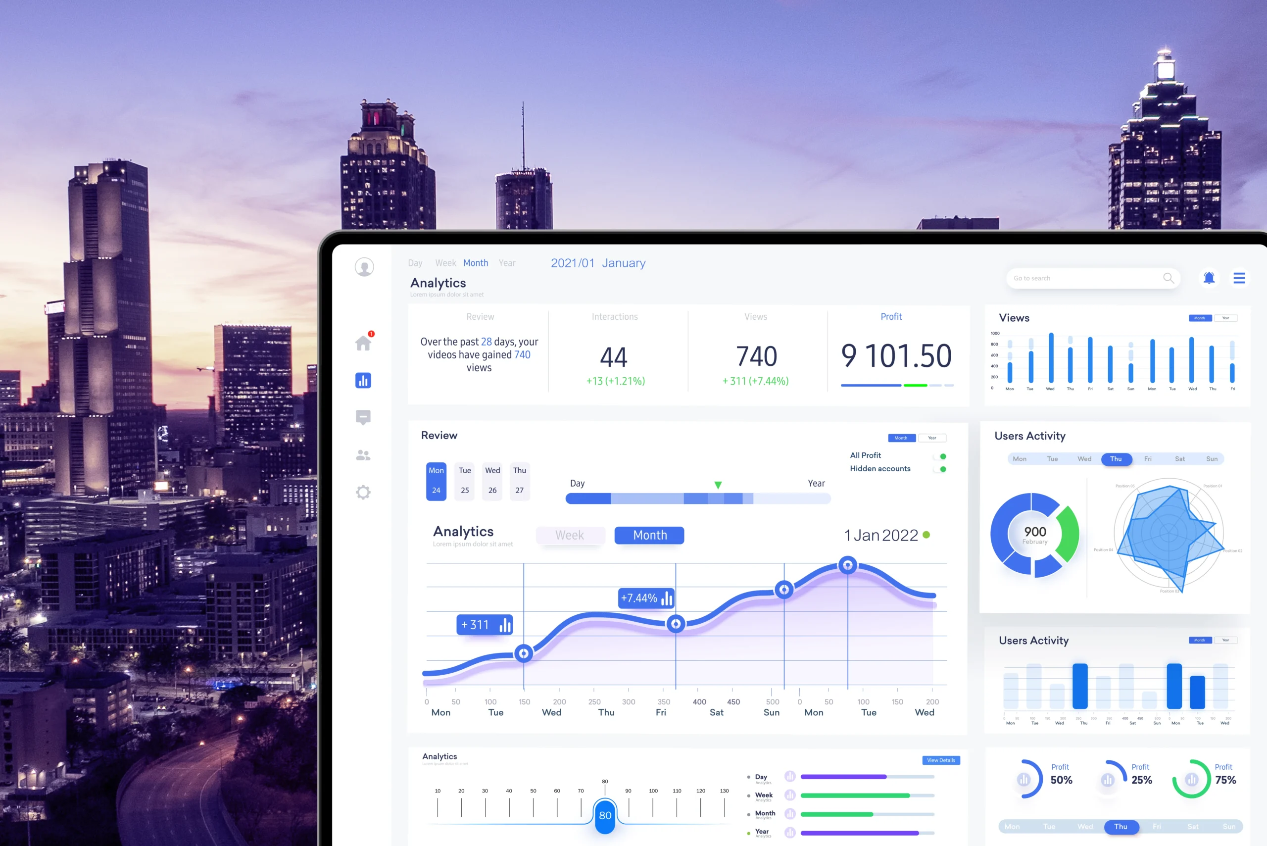 Choosing the Right SEO Firm in Atlanta Feature Image. A laptop showing website analytics on top of the Atlanta skyline