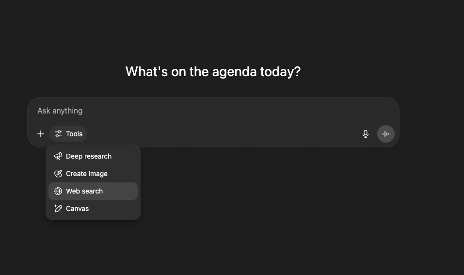 Screenshot of ChatGPT agenda screen showing the Tools menu with options for deep research, create image, web search, and canvas.
