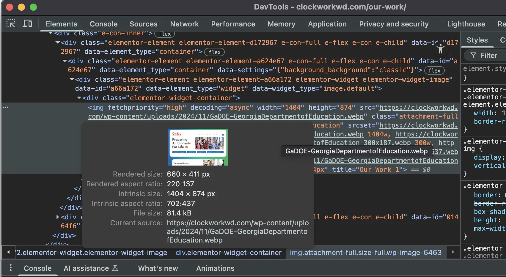 Finding Size of an Image - Chrome Dev Tools Example